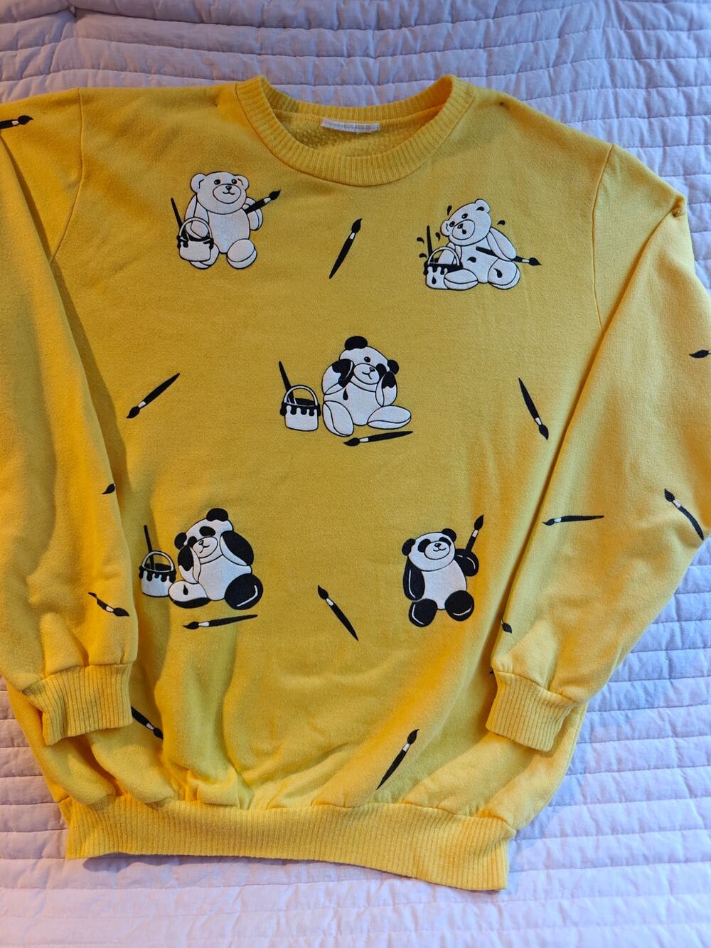Vintage 80s 90s Puffy Paint Panda Art Teacher Crewneck Sweatshirt Yellow L XL